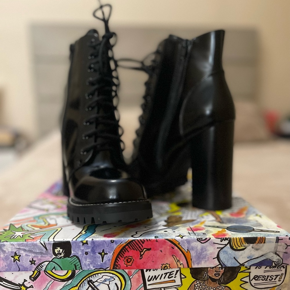Jeffrey Campbell Black Patent Lace-Up Heeled Boots